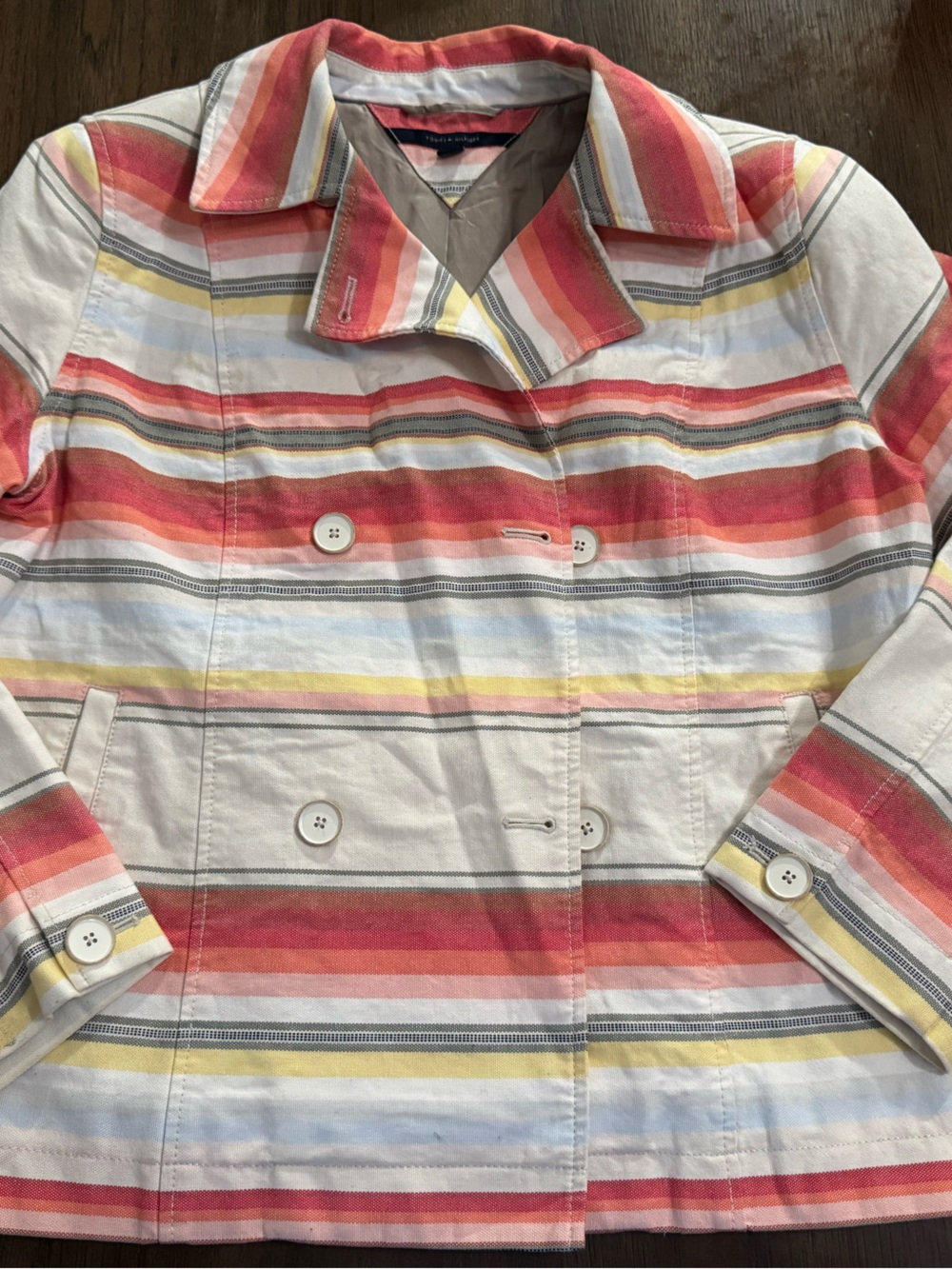 Tommy Hilfiger Striped Button-Front Shirt Jacket in Coral, Yellow & Gray